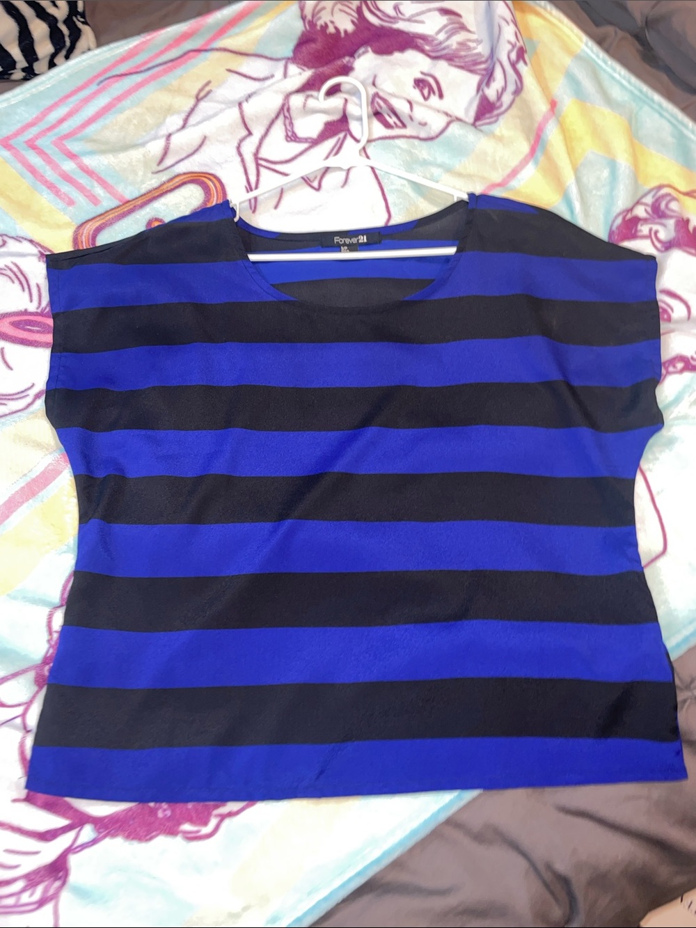 Forever 21 Black and Blue Striped Short Sleeve Tee